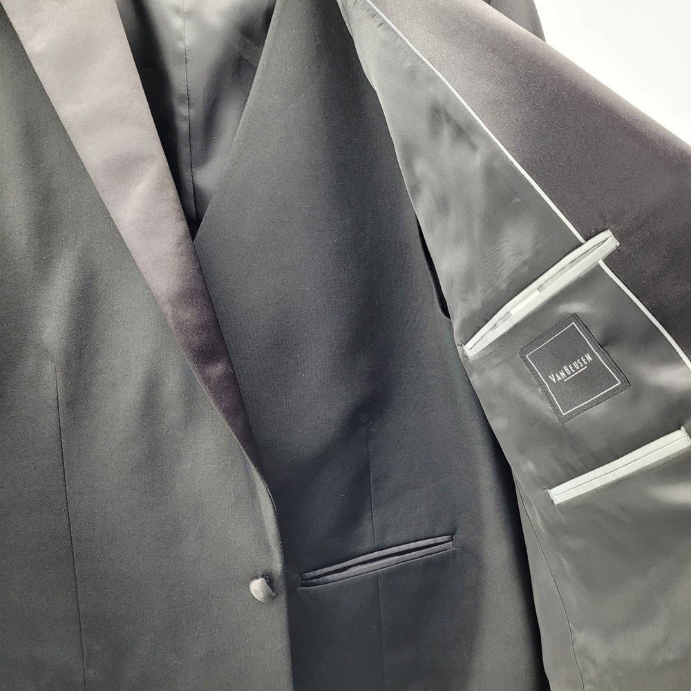 Van Heusen Mens 44L Formal Black Tuxedo Jacket Vest Set Satin Trim Wedding Prom